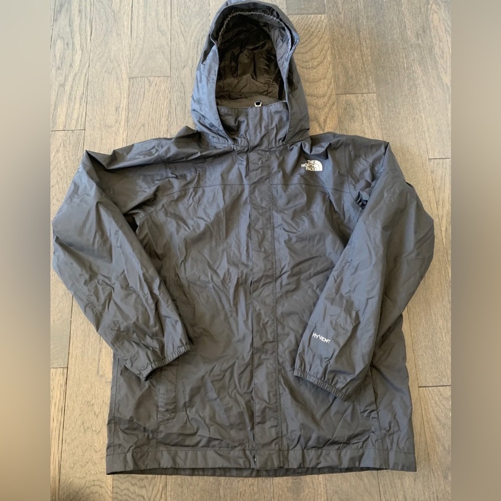 The North Face Boys Youth Black Hyvent Rain Windbreaker Hooded Jacket Sz L 14/16